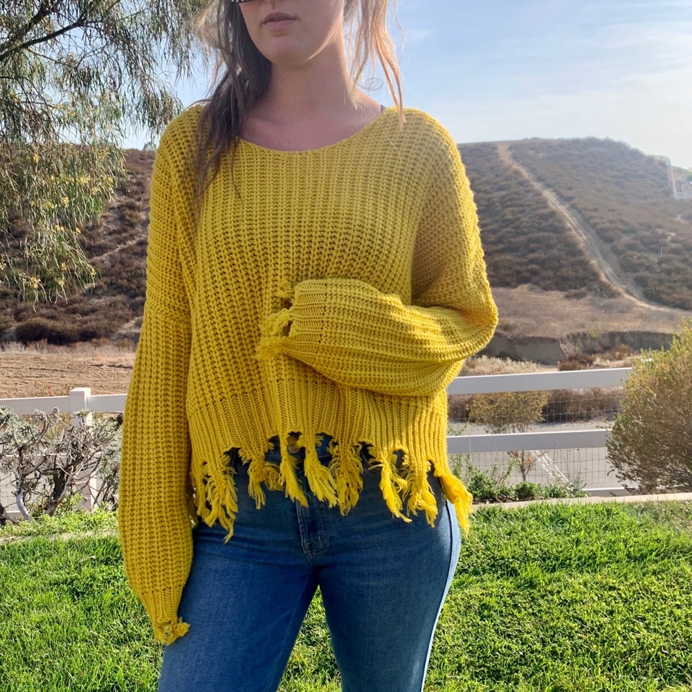 Young Fabulous & Broke Yellow Thick Knit Fringe Tassel Oversized Sweater